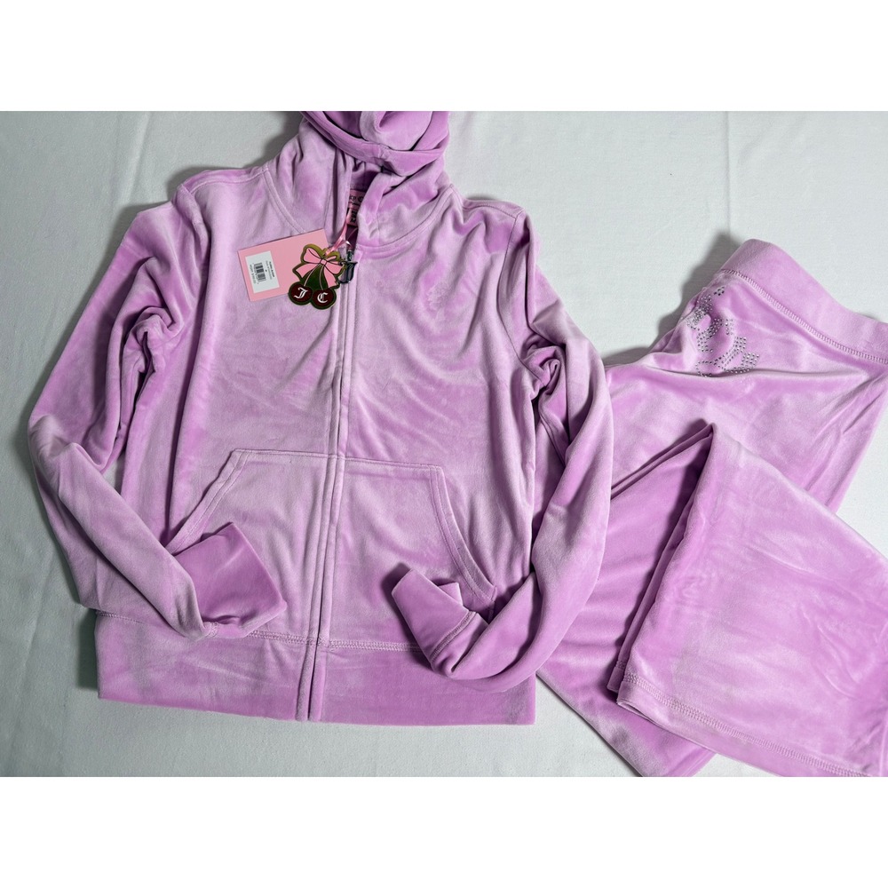 Juicy Couture Tracksuit Set M Purple New Rhinestone Velour Hoodie & Pants Set